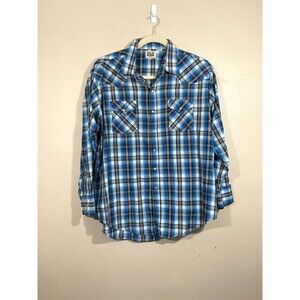 Ely Cattlman Mens Plaid Pearl Snap Button Up Shirt 2XL Blue Western Cowboy Rodeo
